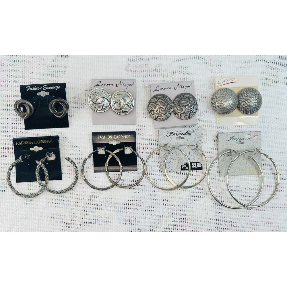 Vntg Lot Of Silver Costume Jewelry 8 Earrings